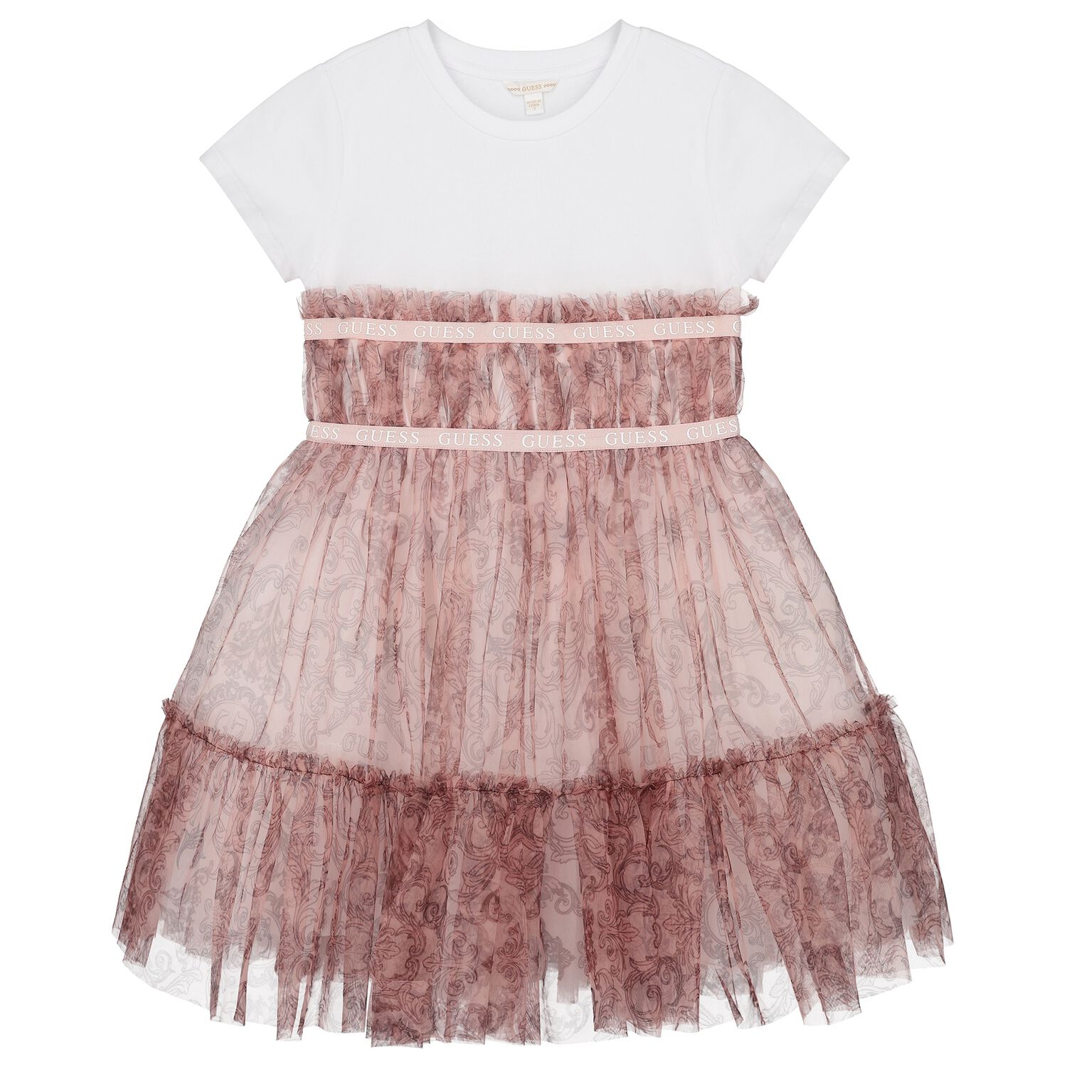فستان تول بالشعار باللون الأبيض والبيج للبنات, 1, hi-res
