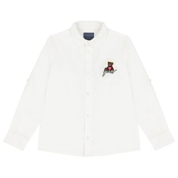 Boys White Teddy Bear Logo Shirt