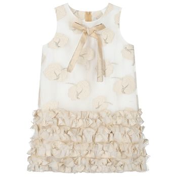 Girls Ivory & Gold Organza Jacquard Dress