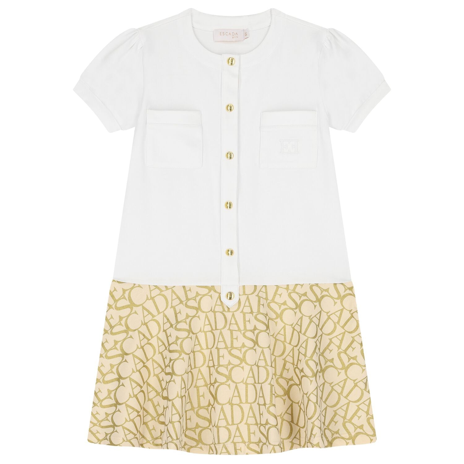 Girls White & Gold Logo Dress, 1, hi-res