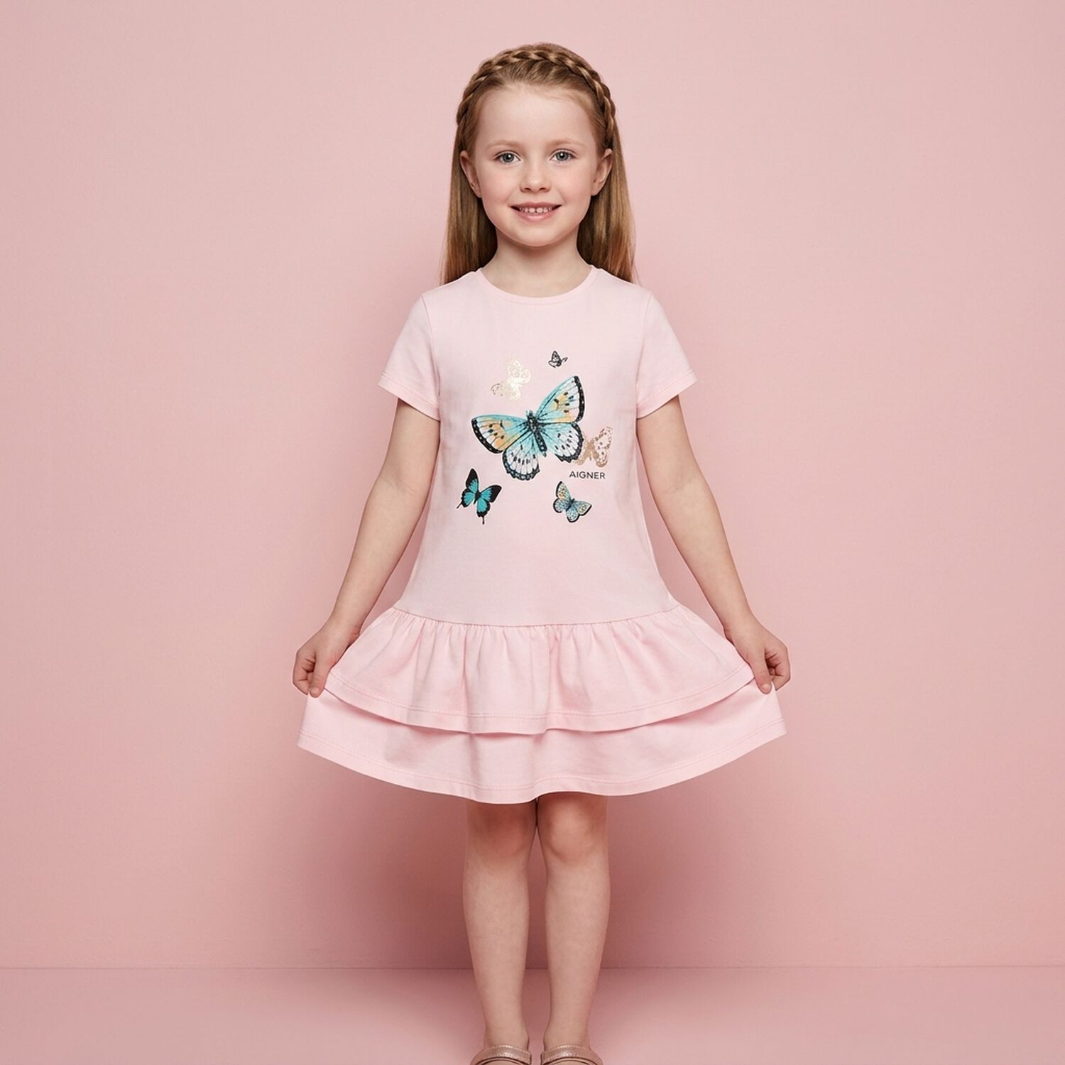 Younger Girls Pink Butterflies Logo Dress, 3, hi-res