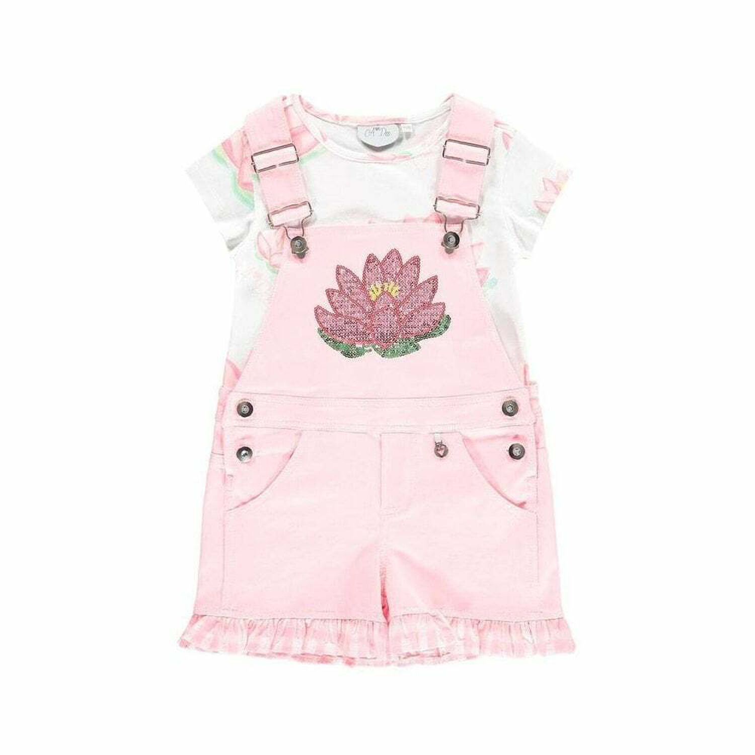 Girls Pink Waterlily Dungaree Set, 1, hi-res