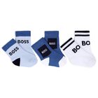 Baby Boys White & Blue Logo Socks ( 3-Pack ) , 2, hi-res
