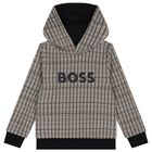 Boys Black, Beige & White Checked Logo Hooded Top, 1, hi-res