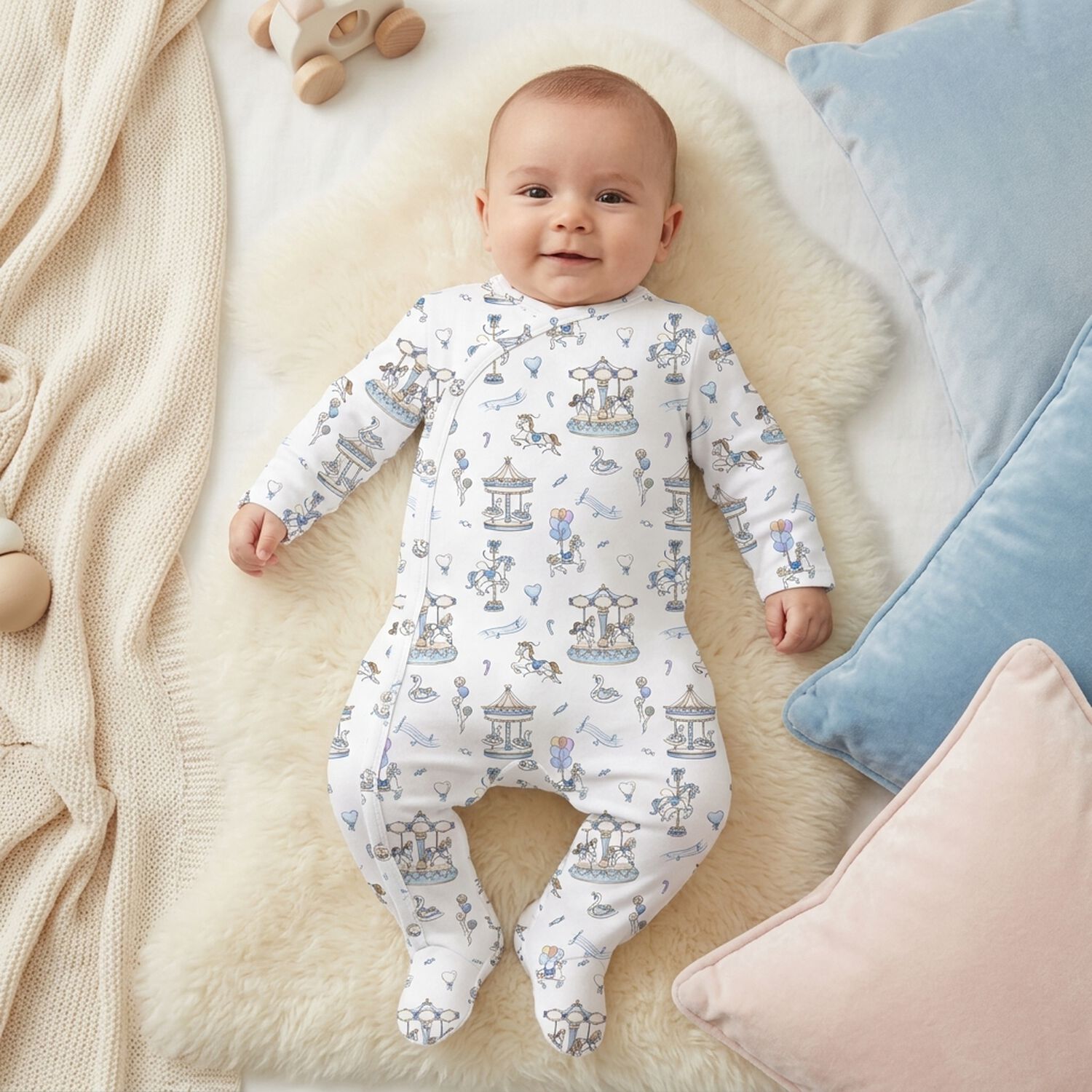 Baby Boys White & Blue Carousel Babygrow, 1, hi-res