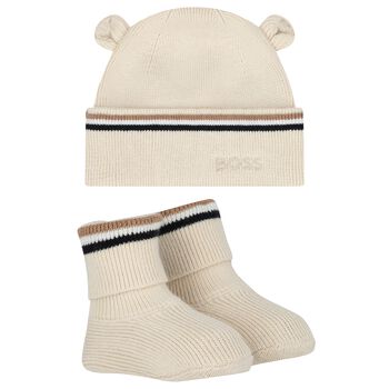 Beige Hat & Bootie Logo Baby Gift Set