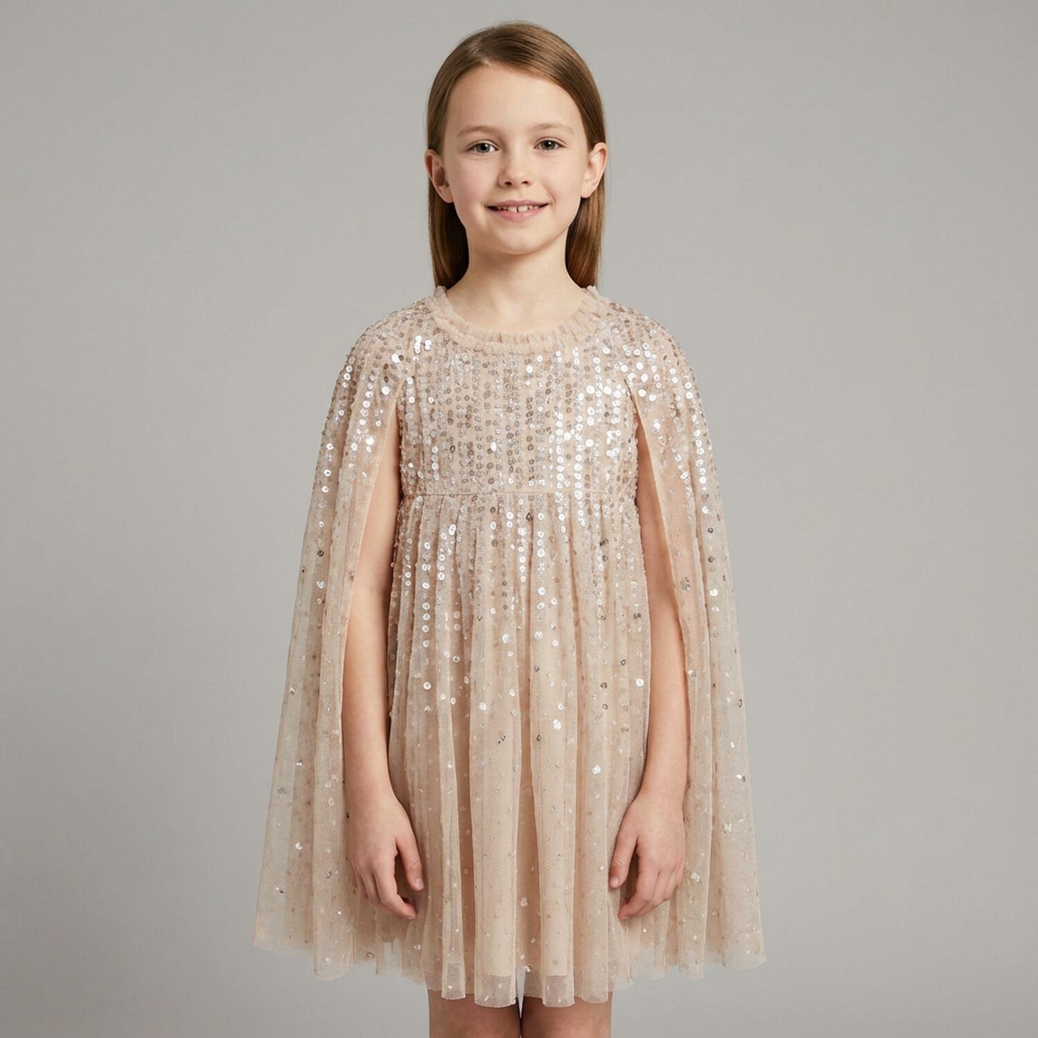 Girls Beige Sequinned Tulle Cape Dress, 1, hi-res
