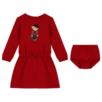 Baby Girls Red Polo Bear Dress Set