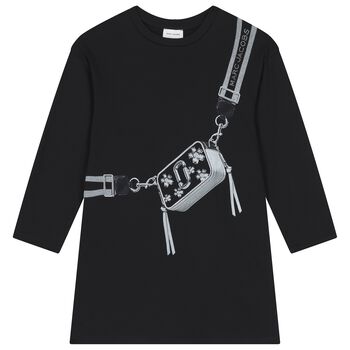 فستان بناتي أسود بشعار حقيبة