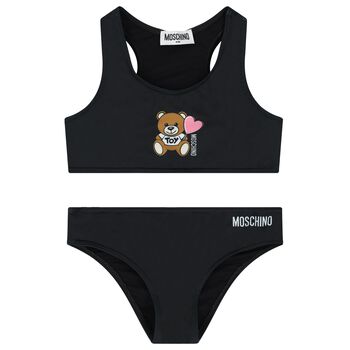 Girls Black Teddy Bear Logo Bikini