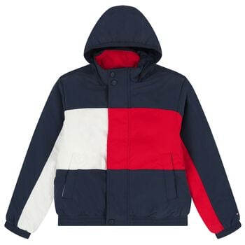 Boys Navy Blue, White & Red Logo Puffer Jacket
