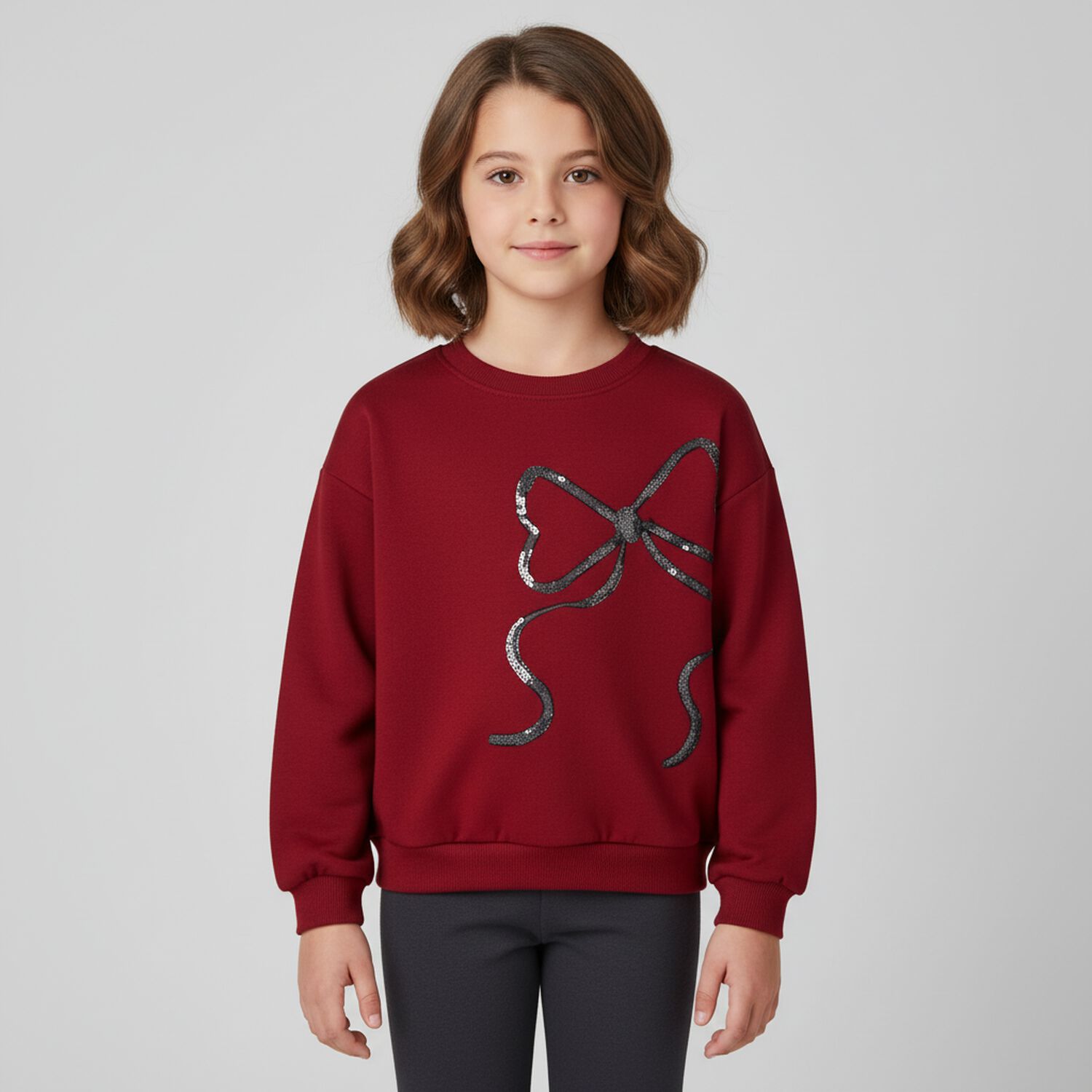 طقم ليجينز بنات مزين بفيونكه باللون الاحمر والرمادى, 2, hi-res