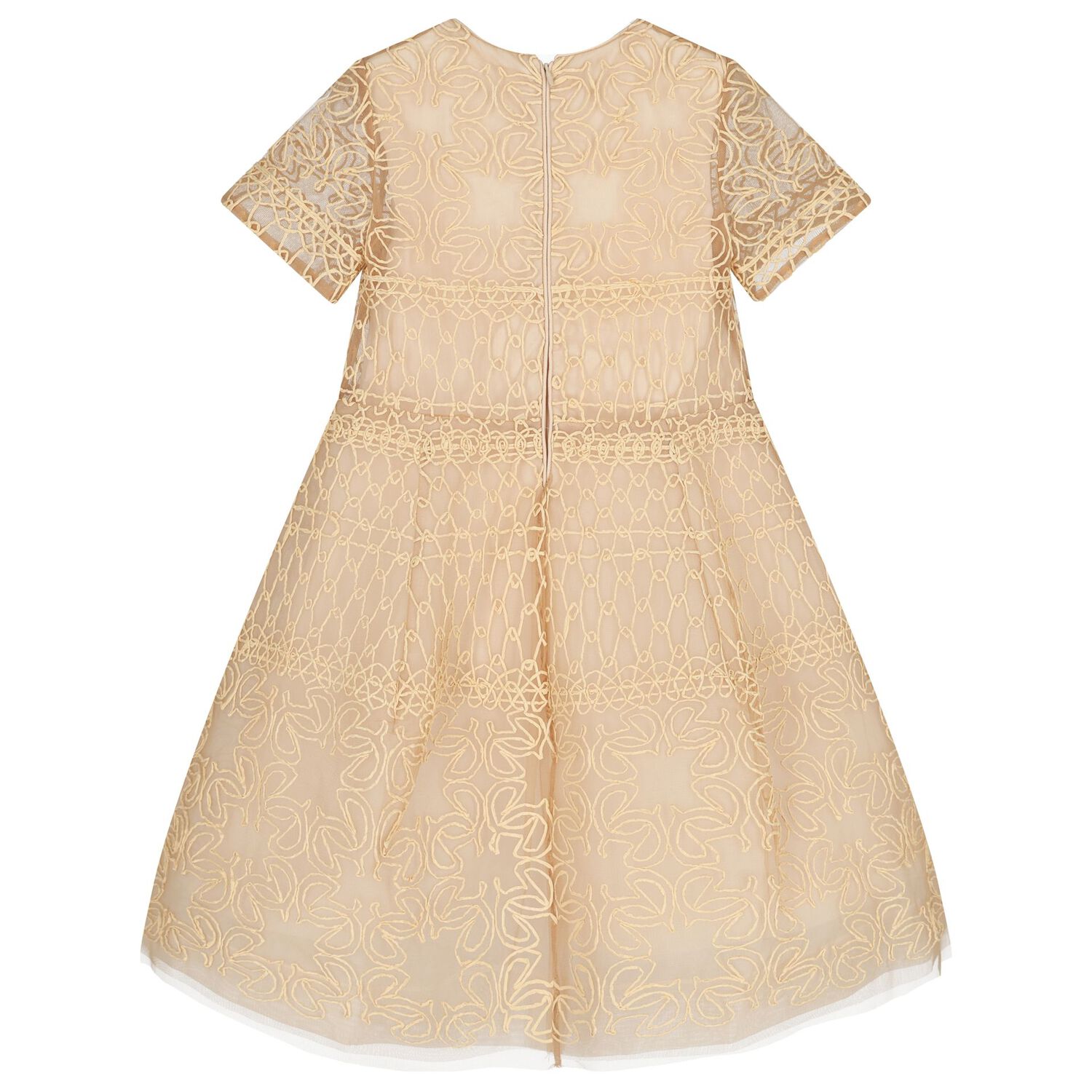 Girls Beige Embroidered Tulle Dress, 1, hi-res