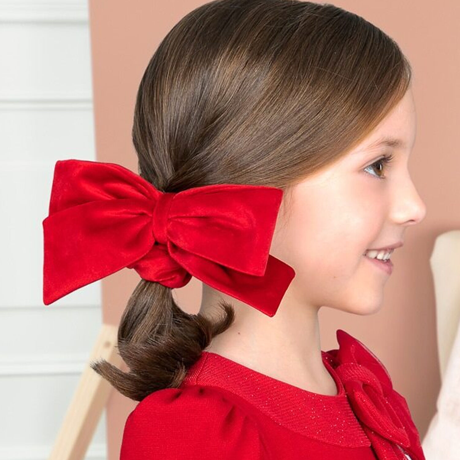 Girls Red Velvet Bow Scrunchie, 2, hi-res