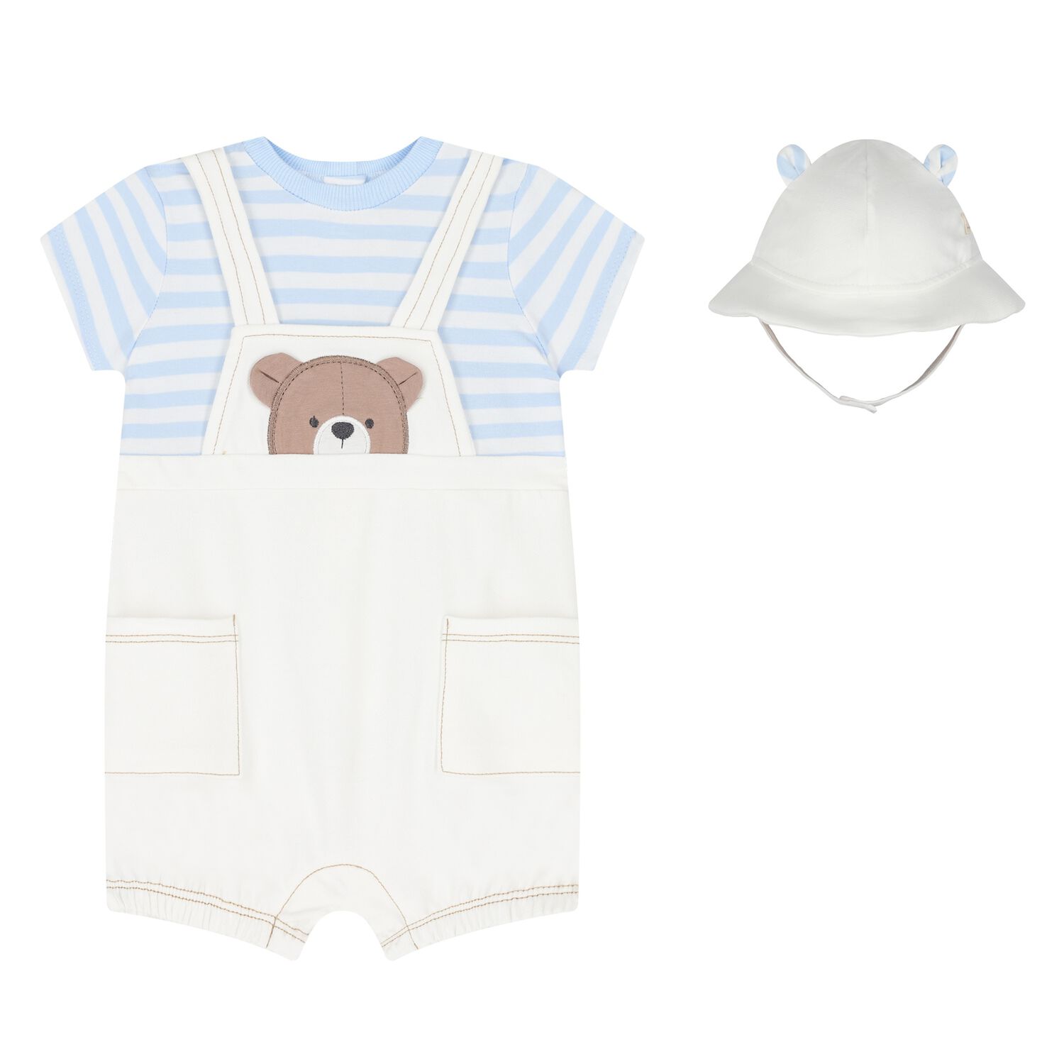 Baby Boys White & Blue Dungaree & Hat Set, 3, hi-res