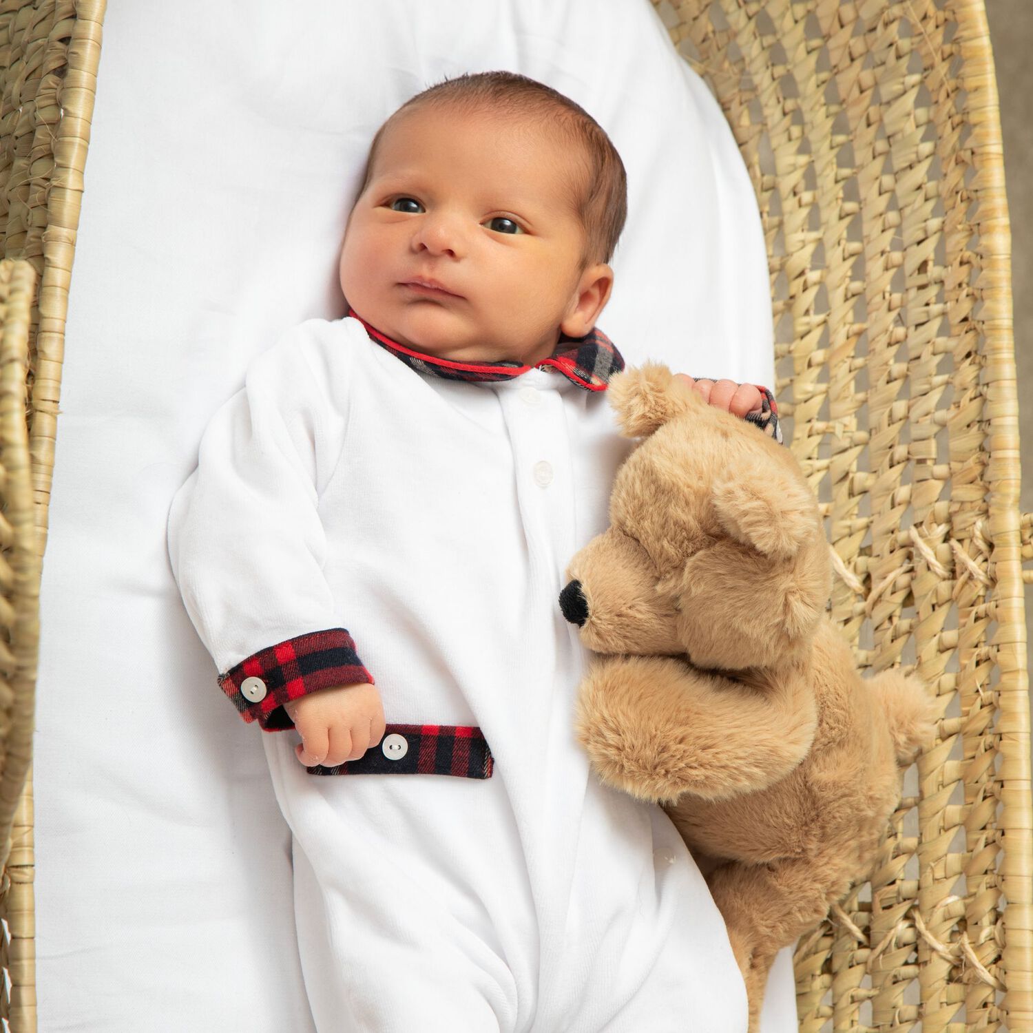 Baby Boys White Tartan Babygrow, 1, hi-res