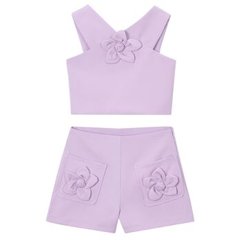 Girls Lilac Crepe Flower Shorts Set