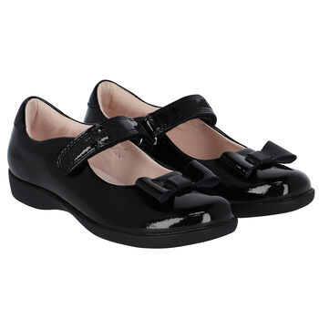 Girls Black Logo Bow Leather Shoes