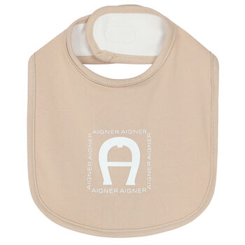 Beige & White Logo Baby Bib