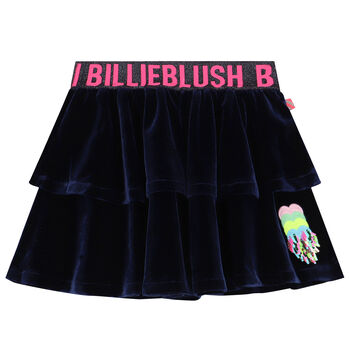 Girls Navy Blue Velvet Logo Skirt