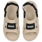 Boys Beige & Black Logo Sandals, 2, hi-res