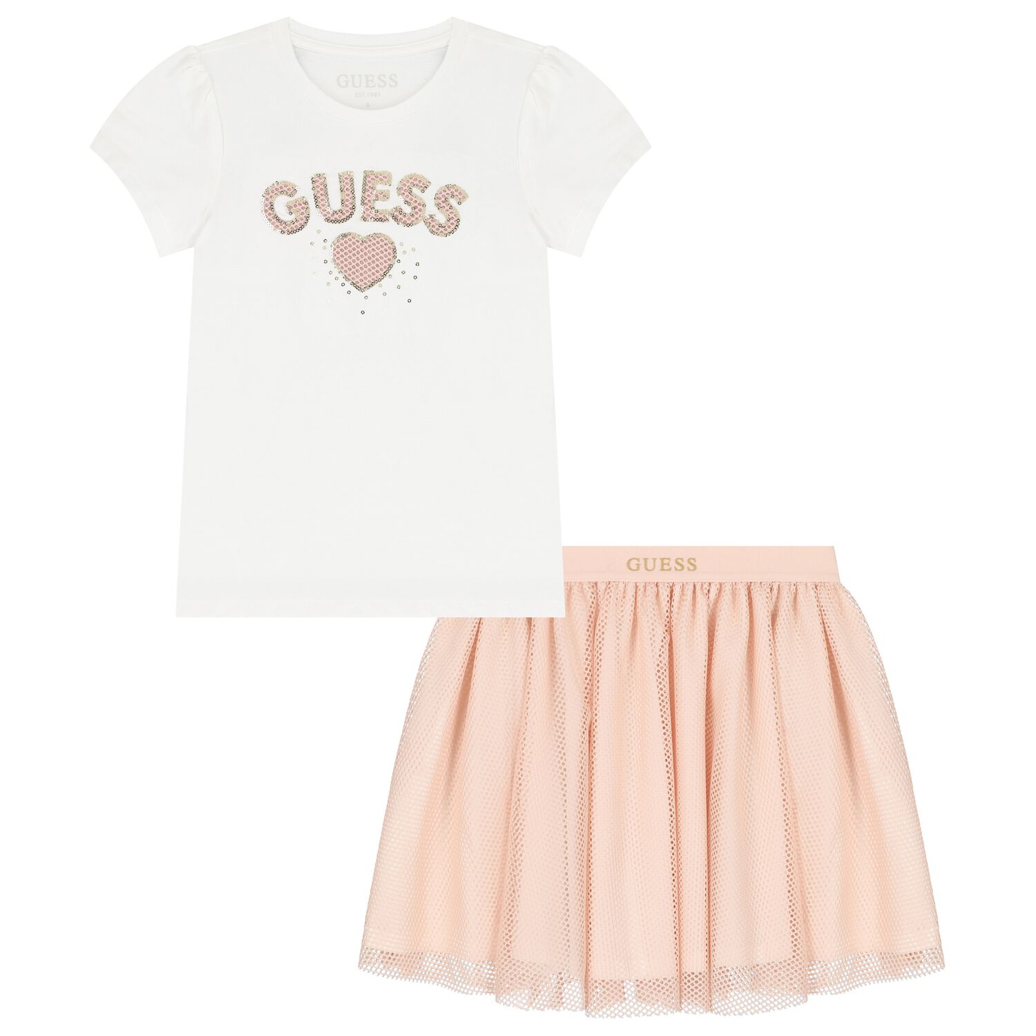 طقم تنورة بنات باللون الأبيض و الوردى, 1, hi-res