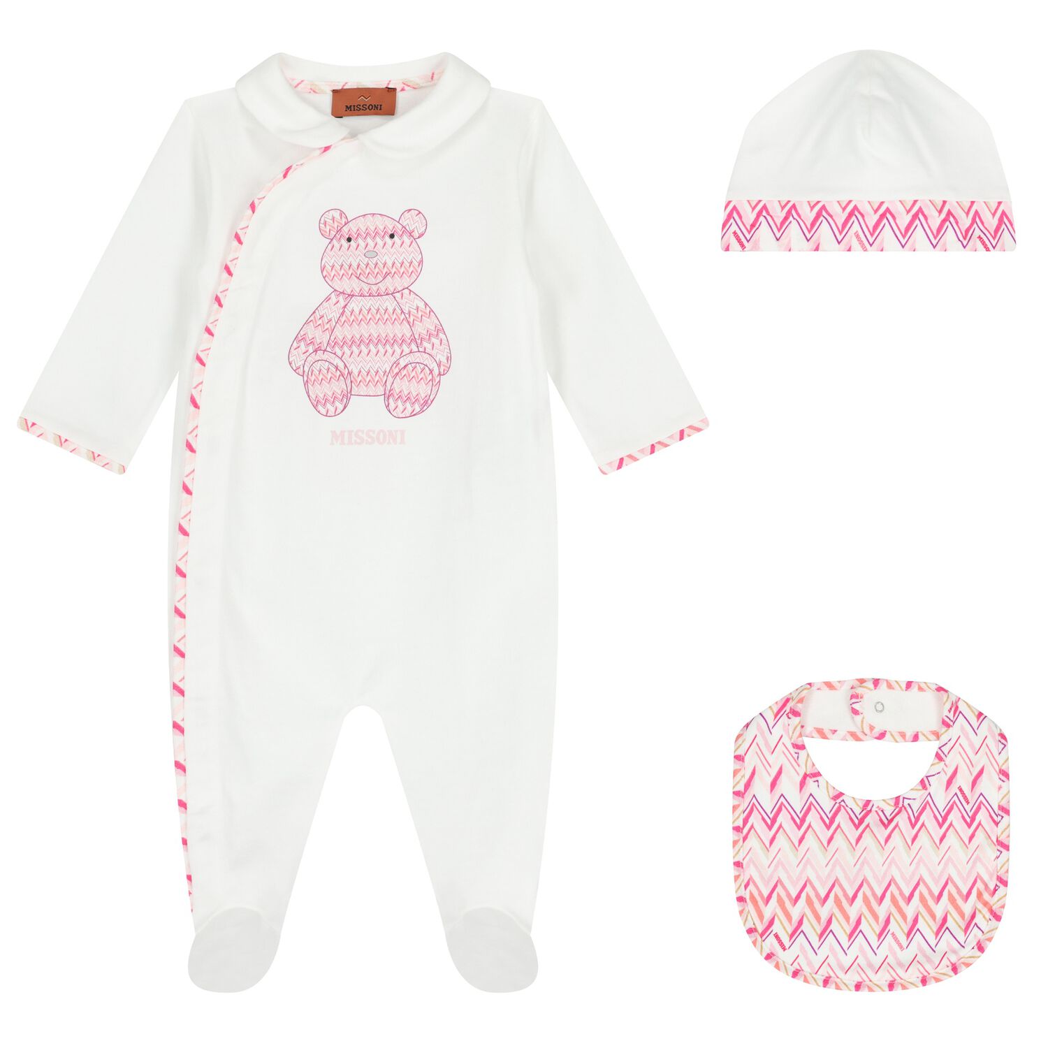 Baby Girls White & Pink Teddy Bear Zig Zag Babygrow Gift Set, 1, hi-res