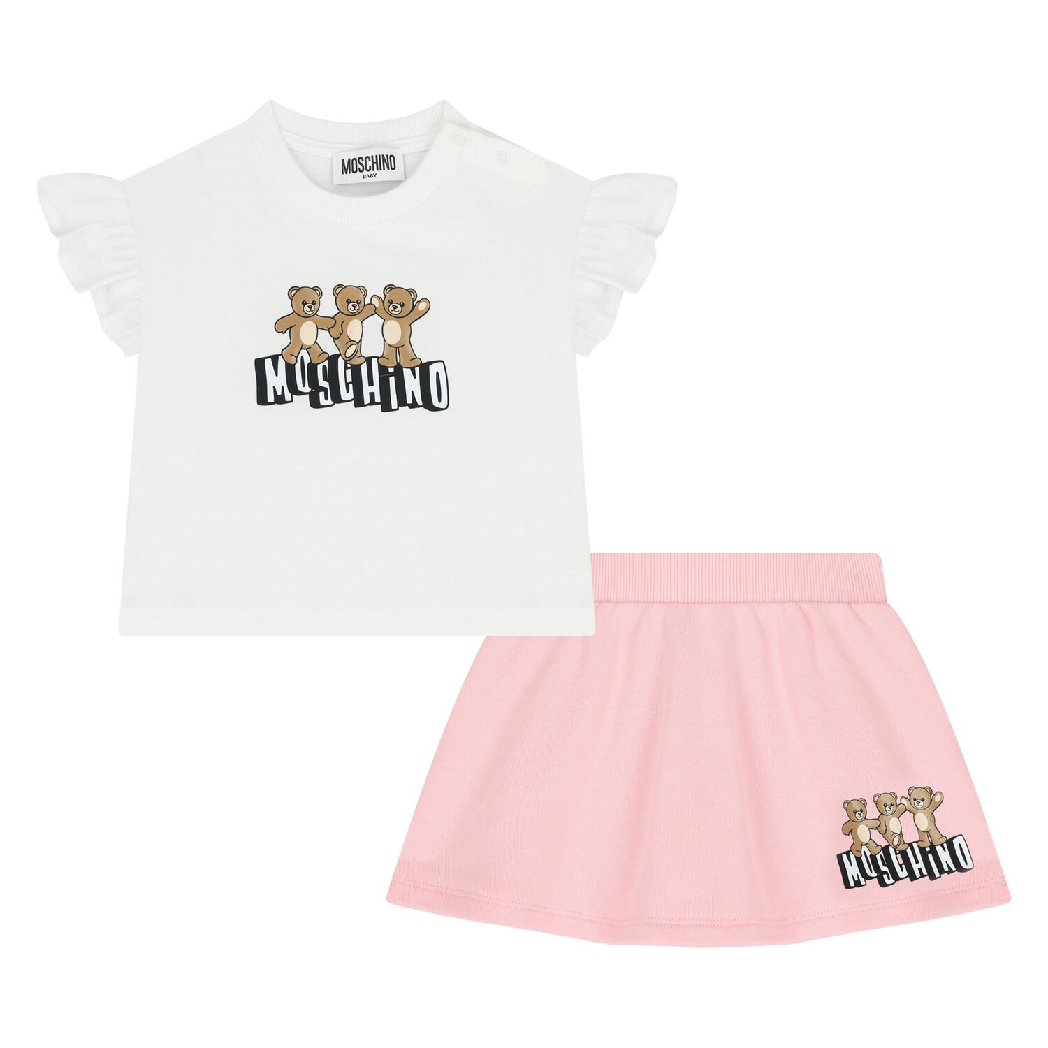 Younger Girls White & Pink Teddy Bear Logo Skirt Set, 1, hi-res