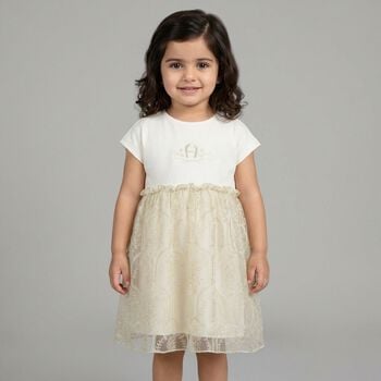 Younger Girls Ivory & Gold Logo Dress