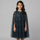 Girls Blue Sequin & Star Cape Dress , 2, hi-res