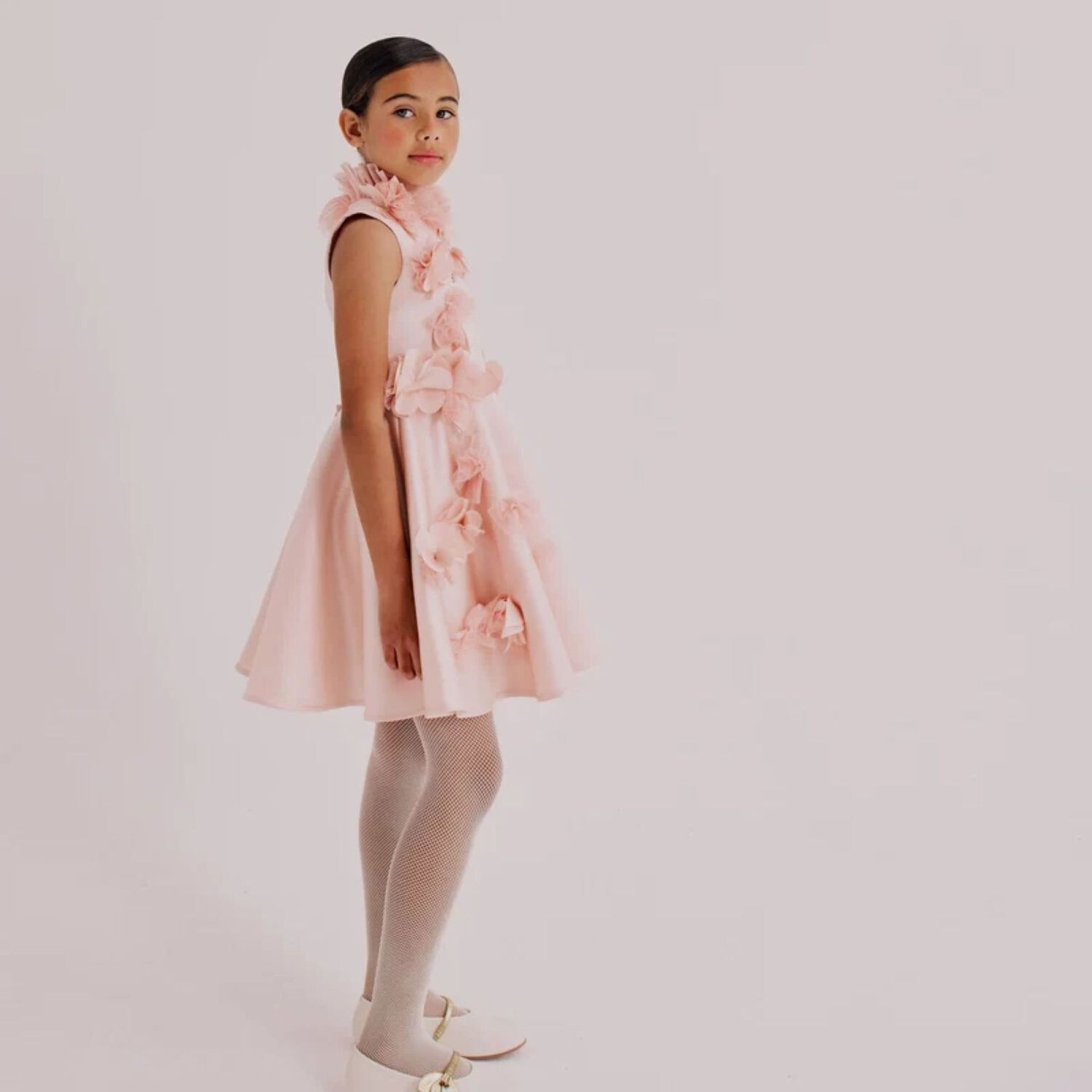 Girls Pink 3D Flowers Satin Dress, 1, hi-res