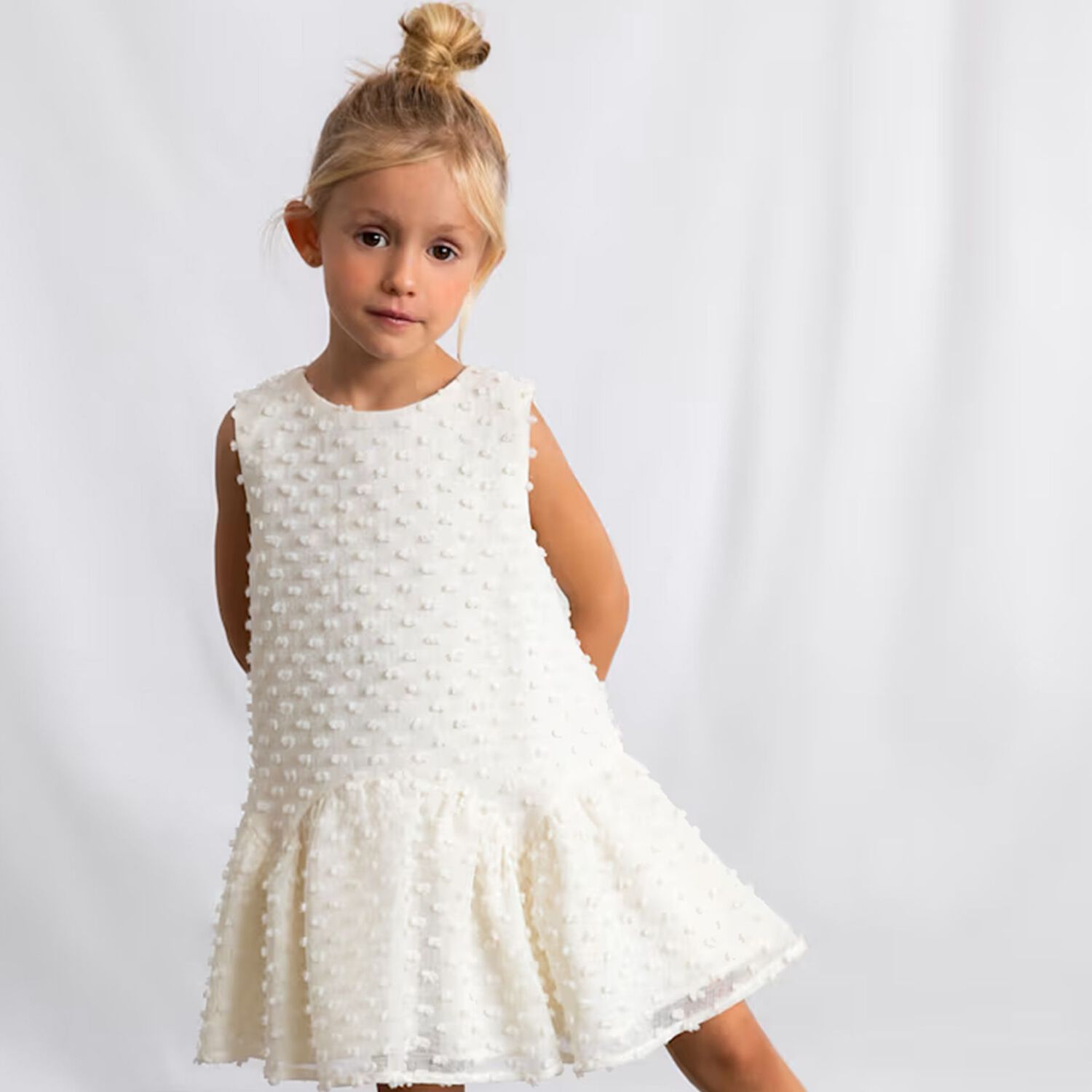 Girls White Sleeveless Tiered Dress, 1, hi-res