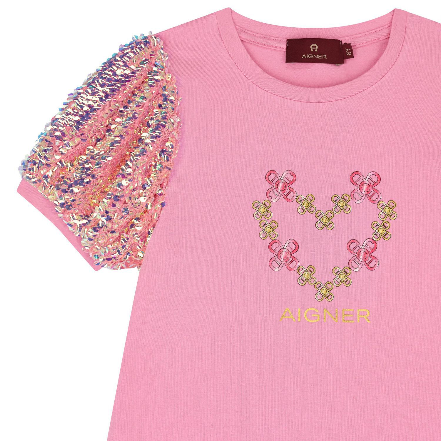 فستان بنات مزين بالترتر بالشعار باللون الوردي, 1, hi-res image number null