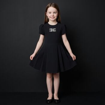 Girls Black Diamante Logo Pleated Dress