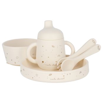 مجموعه ادوات مائده من السيليكون للاطفال بالشعار بشكل نجمه باللون العاجى 