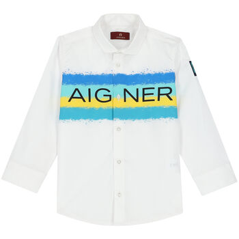 Boys White Logo Striped Shirt