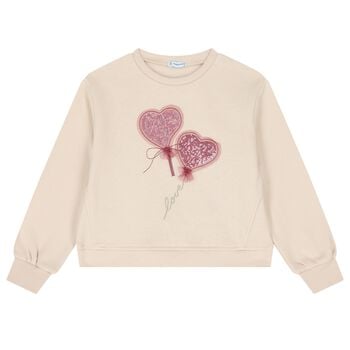 Girls Beige Tulle Heart Sweatshirt