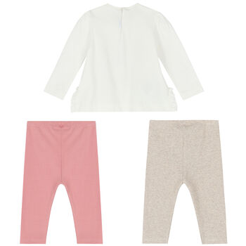 Younger Girls White, Pink & Beige Leggings Set