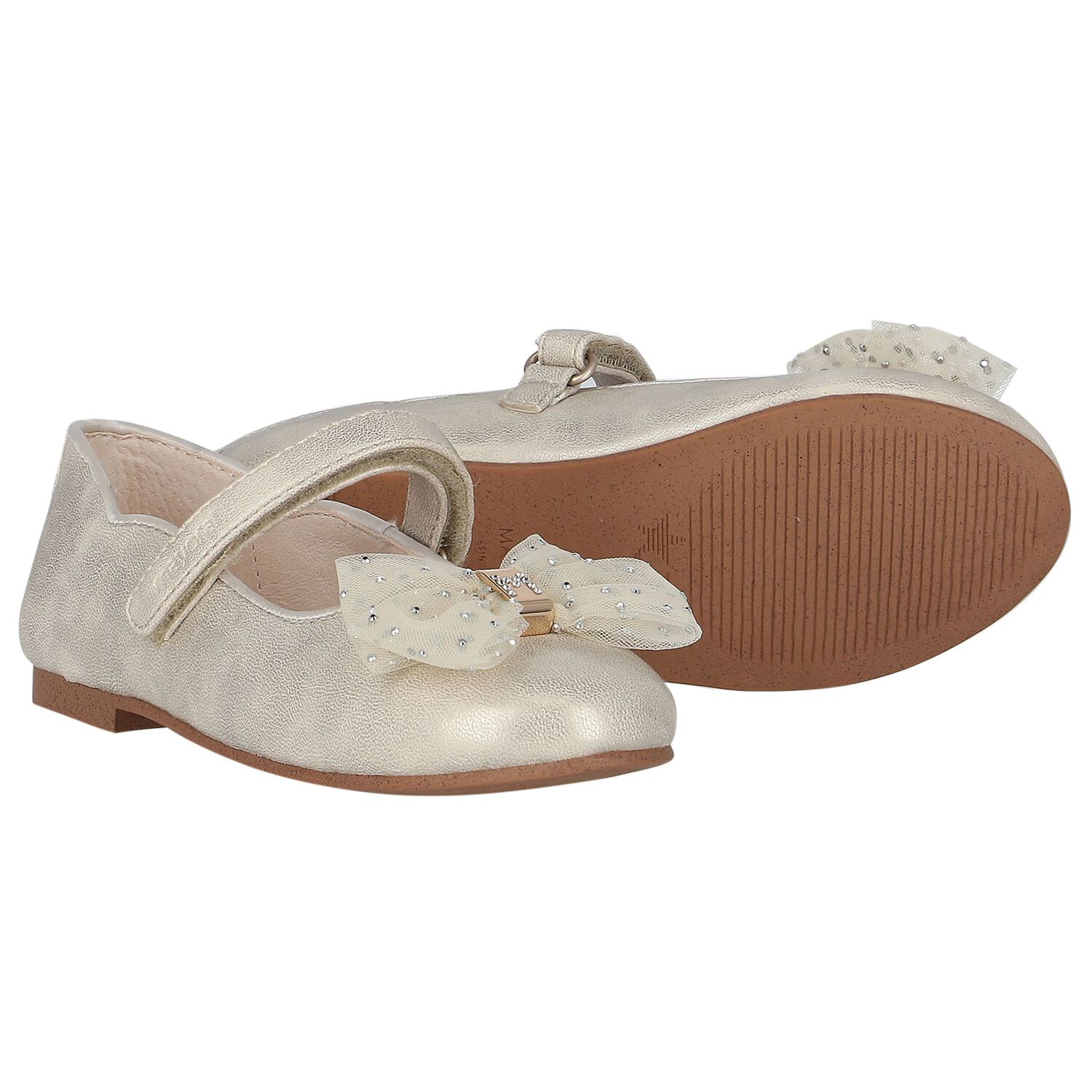 Girls Gold Bow Shoes, 1, hi-res