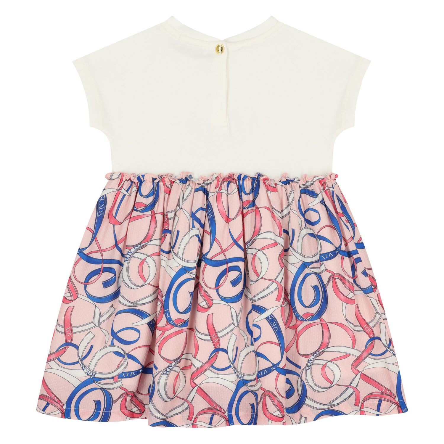 فستان بنات مزين بشريط باللون العاجى والوردى , 1, hi-res