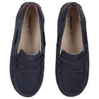 Boys Navy Blue Suede Leather Moccasins , 2, hi-res