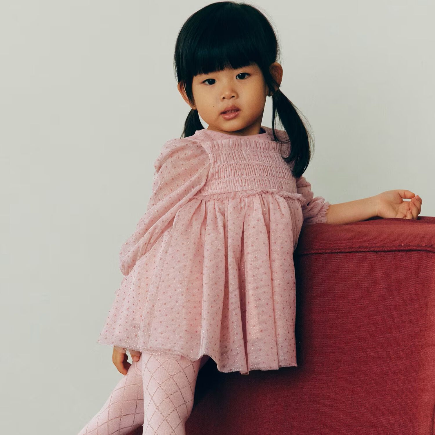 Younger Girls Pink Dotted & Sparkle Tulle Dress , 1, hi-res