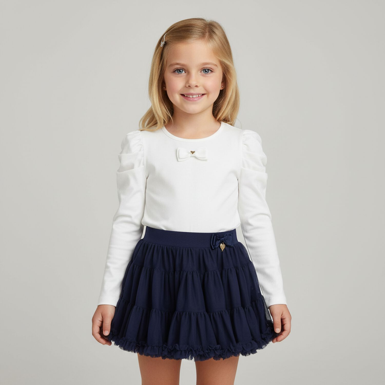 Girls White Bow Long Sleeve Top, 1, hi-res