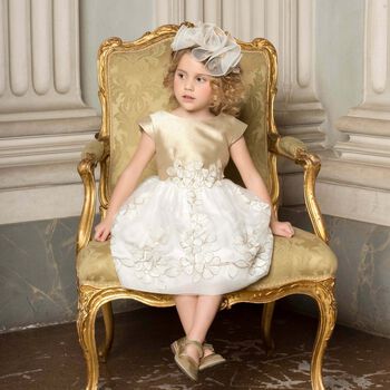 Girls Gold Floral Embroidered Dress