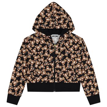Girls Black Teddy Bear Hooded Zip Up Top
