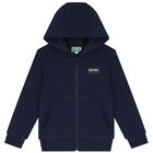 Boys Navy Blue Logo Hooded Zip Up Top, 1, hi-res