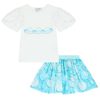 Girls White & Blue Logo Skirt Set