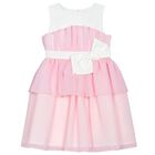 Girls White & Pink Bow Tiered Dress, 1, hi-res