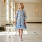 Girls Blue Floral Tulle & Sequin Dress, 1, hi-res