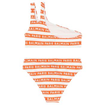 Girls White & Orange Striped Bikini
